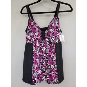 NEW Catherine's 16W Tankini Swim Top Shirt Tropical Plus Size Black Vacation